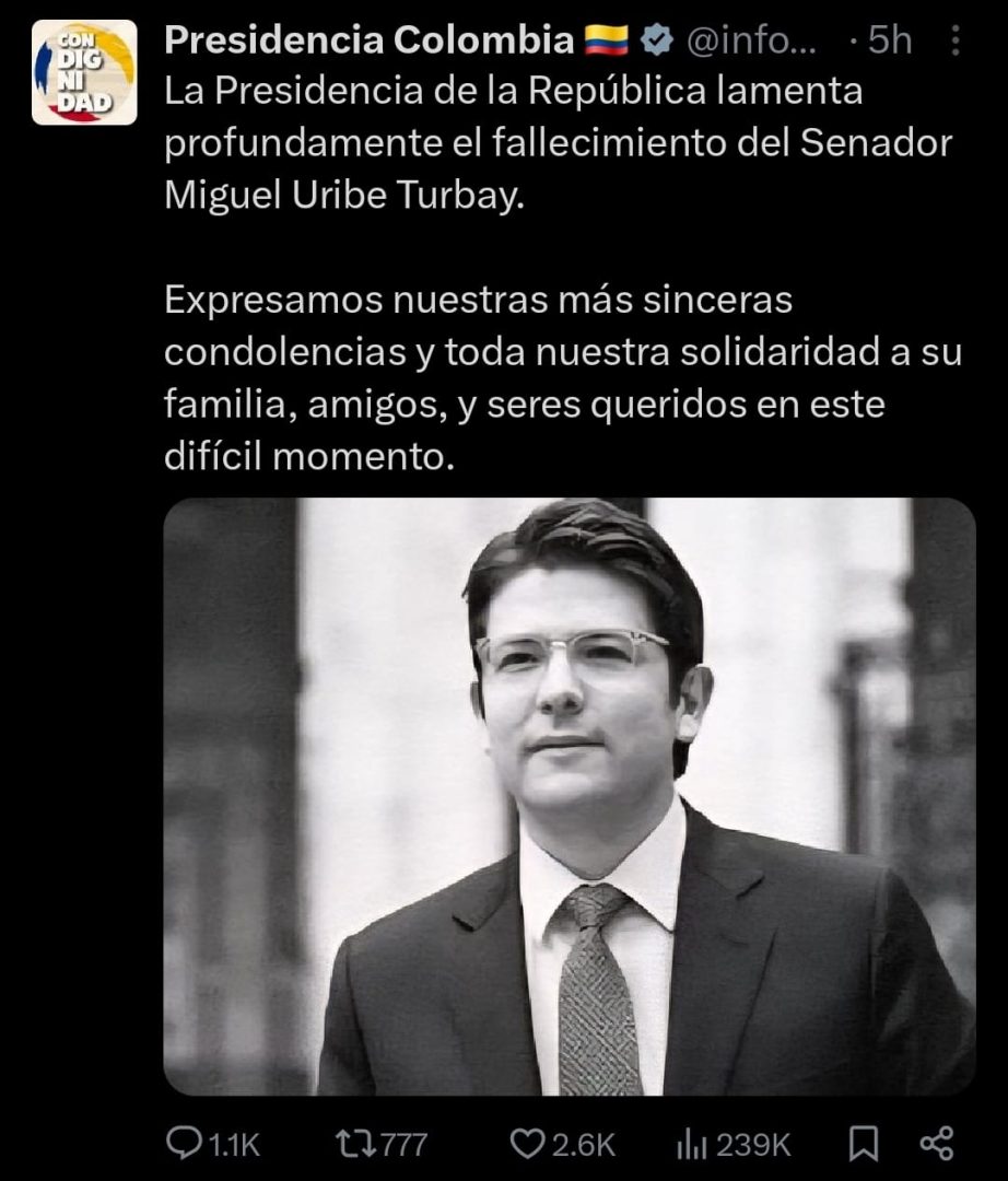 Reacción presidencia muerte Uribe Turbay