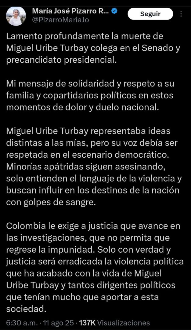 Pizarro reacción uribe Turbay
