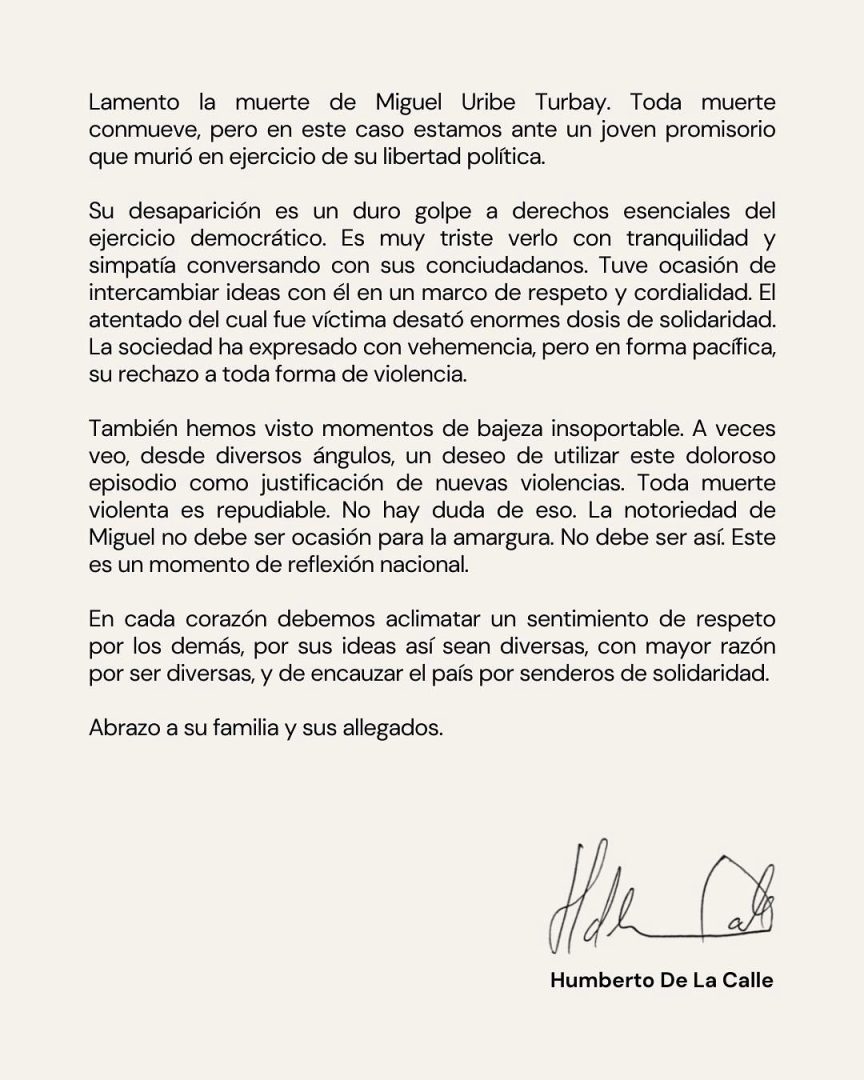 Carta Humberto de la Calle, muerte Uribe Turbay
