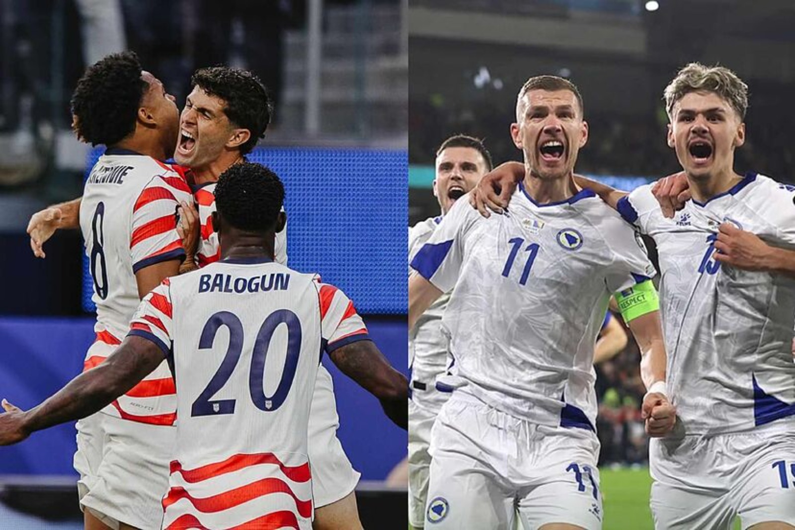 : El jugador de la selección de Estados Unidos Malik Tillman celebrando con euforia junto a sus compañeros la anotación del segundo gol ante Bosnia y Herzegovina en el Mundial 2026.