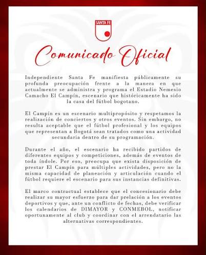 Comunicado oficial de #SantaFe 🇮🇩! “El Campín es su casa, es la casa del fútbol bogotano, y las Leonas merecen jugar allí, junto a su gente”.